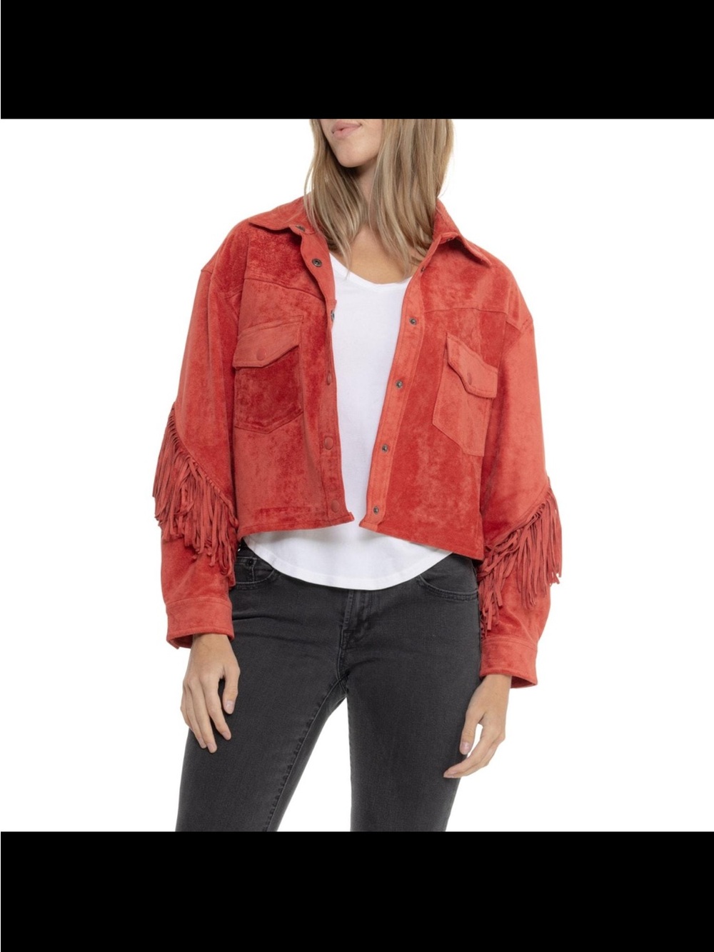 Blank NYC Red Cropped Fringe Suede Jacket: Western Chic